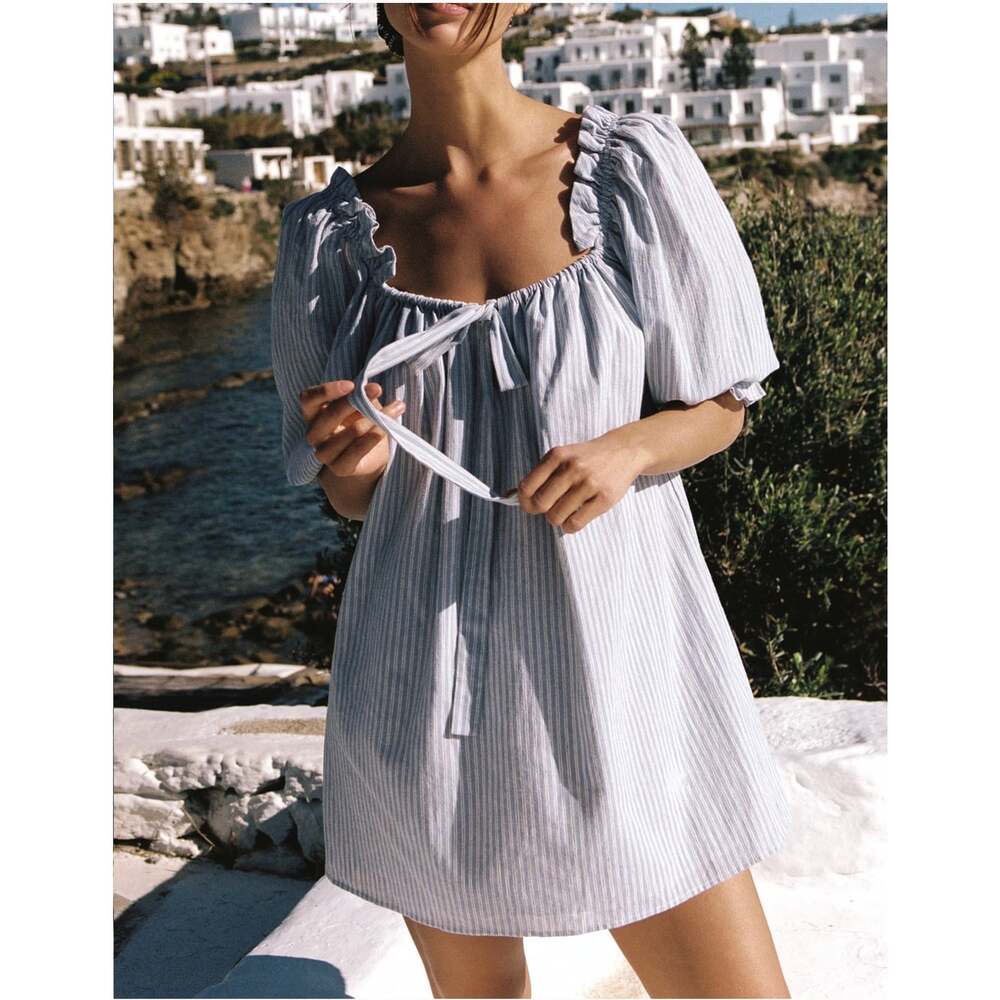 Rumored Darling Mini Dress M Blue White Stripe Puff Sleeve Babydoll Coastal